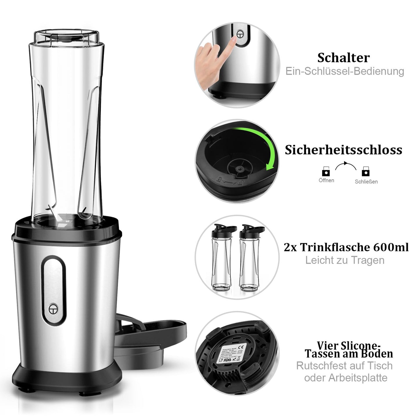 500W Mini Standmixer Smoothie Maker Blender 500W mit 2x600ml Tritan Flaschen