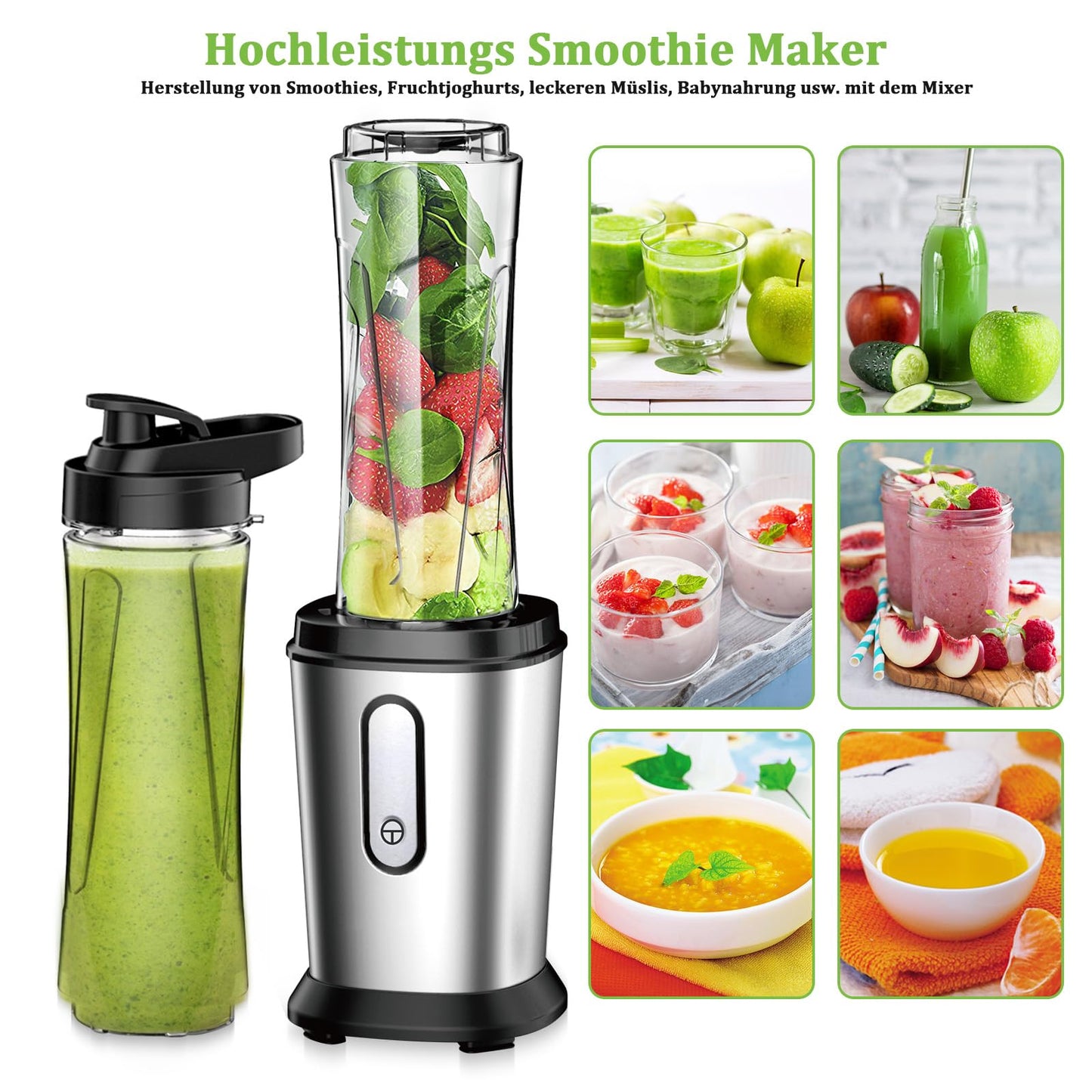 500W Mini Standmixer Smoothie Maker Blender 500W mit 2x600ml Tritan Flaschen