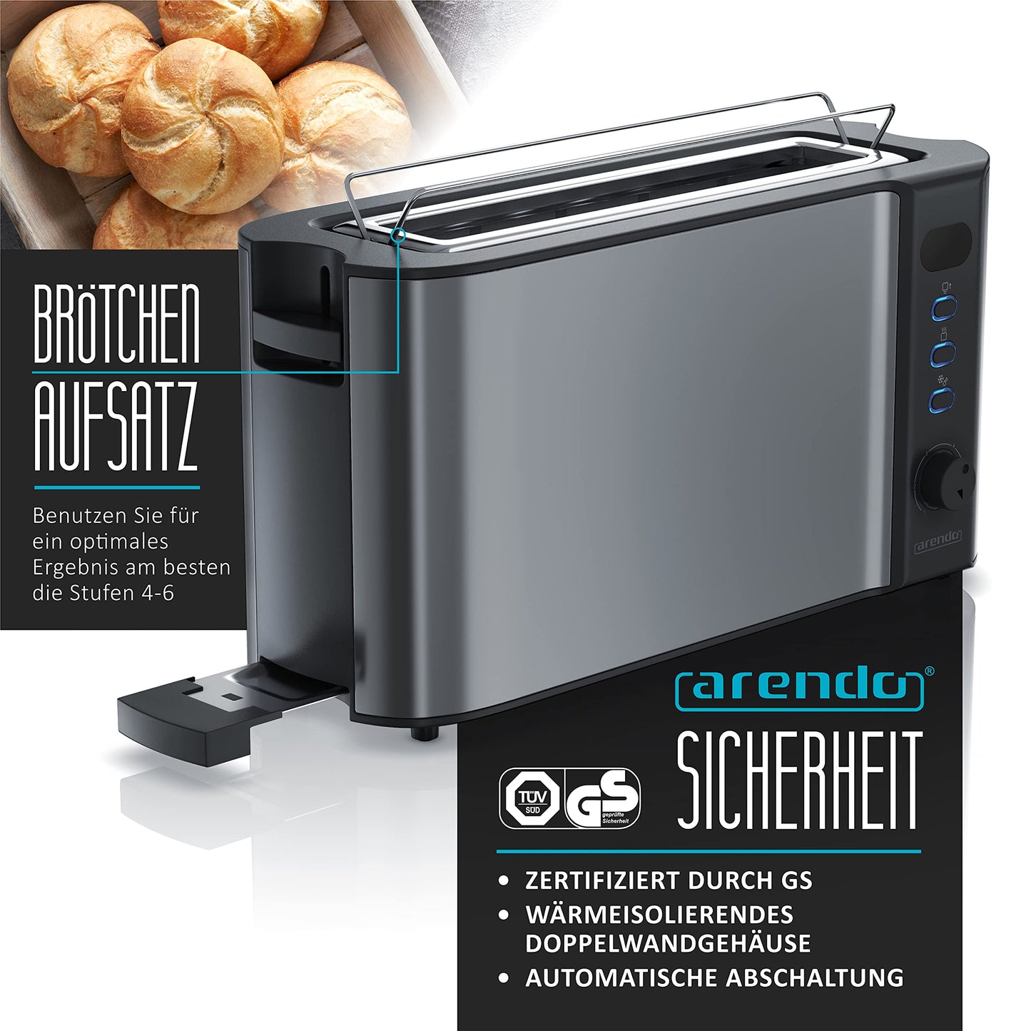 Arendo Langschlitz Toaster Arendo Toaster Doppelwandgehäuse 2 Scheiben Grau